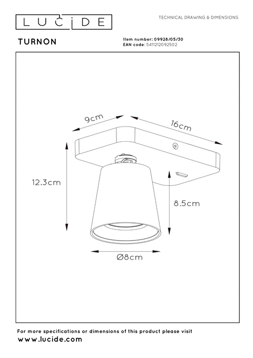 Lucide TURNON - Bedside lamp / Wall light - LED Dim to warm - GU10 - 1x5W 2200K/3000K - Black - technical